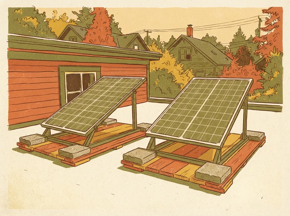 Illustration: two solar panels on scrap-lumber tilt frames weighed down with concrete pavers on a flat roof, houses and autumn trees behind