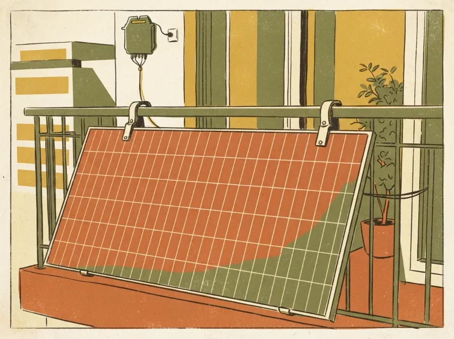 Illustration of a single solar panel hung from a balcony railing with two hooks, its cable running up to a microinverter plugged into a wall outlet