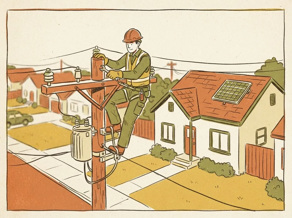 Illustration: a utility lineworker in a hard hat working on a pole transformer, with a solar panel visible on a nearby house roof
