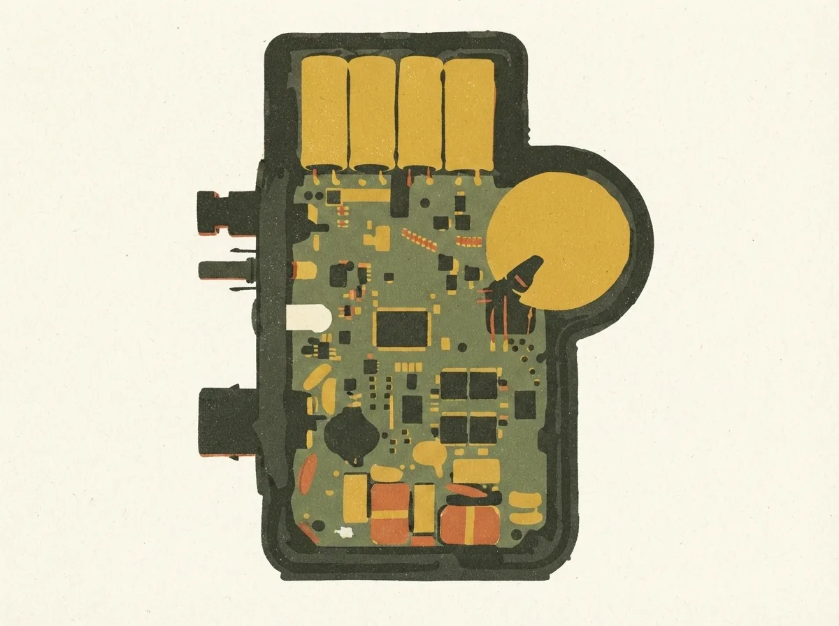 Illustration: a cutaway view of a microinverter's internal circuit board, showing capacitors, transformers and control chips inside the sealed enclosure