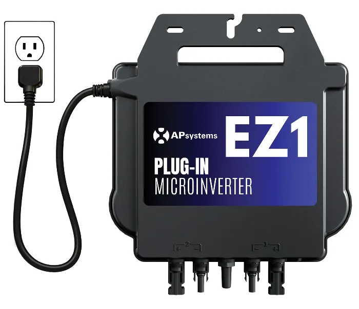 APsystems EZ1-LV plug-in microinverter with its cord plugged into a standard wall outlet
