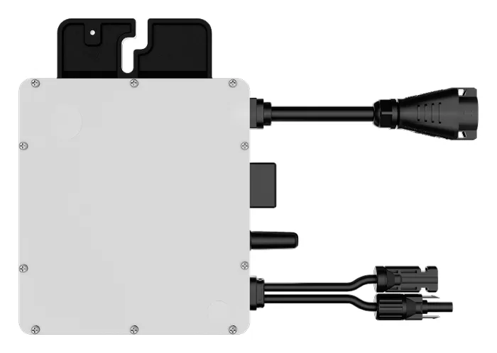 Hoymiles HiFlow Pro LV plug-in microinverter, white enclosure with its AC plug cable and two DC connectors