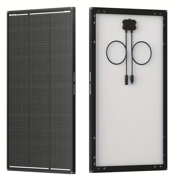 Renogy RSP200DC-ASR 200W all-black rigid solar panel, front and back views showing black frame, junction box and connector cables