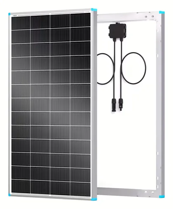 Renogy RSP200DC 200W rigid solar panel, front and back views showing aluminum frame, junction box and connector cables